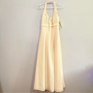Vintage 90s NWT Pale Yellow Lace Halter Prom Dress with Crinoline Skirt